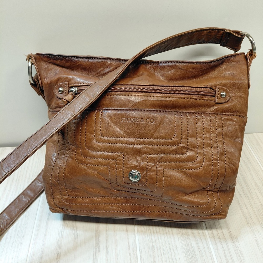 Stone & Co Leather Hobo Shoulder Bag Cognac Brown Purse Multi Pocket Slouchy